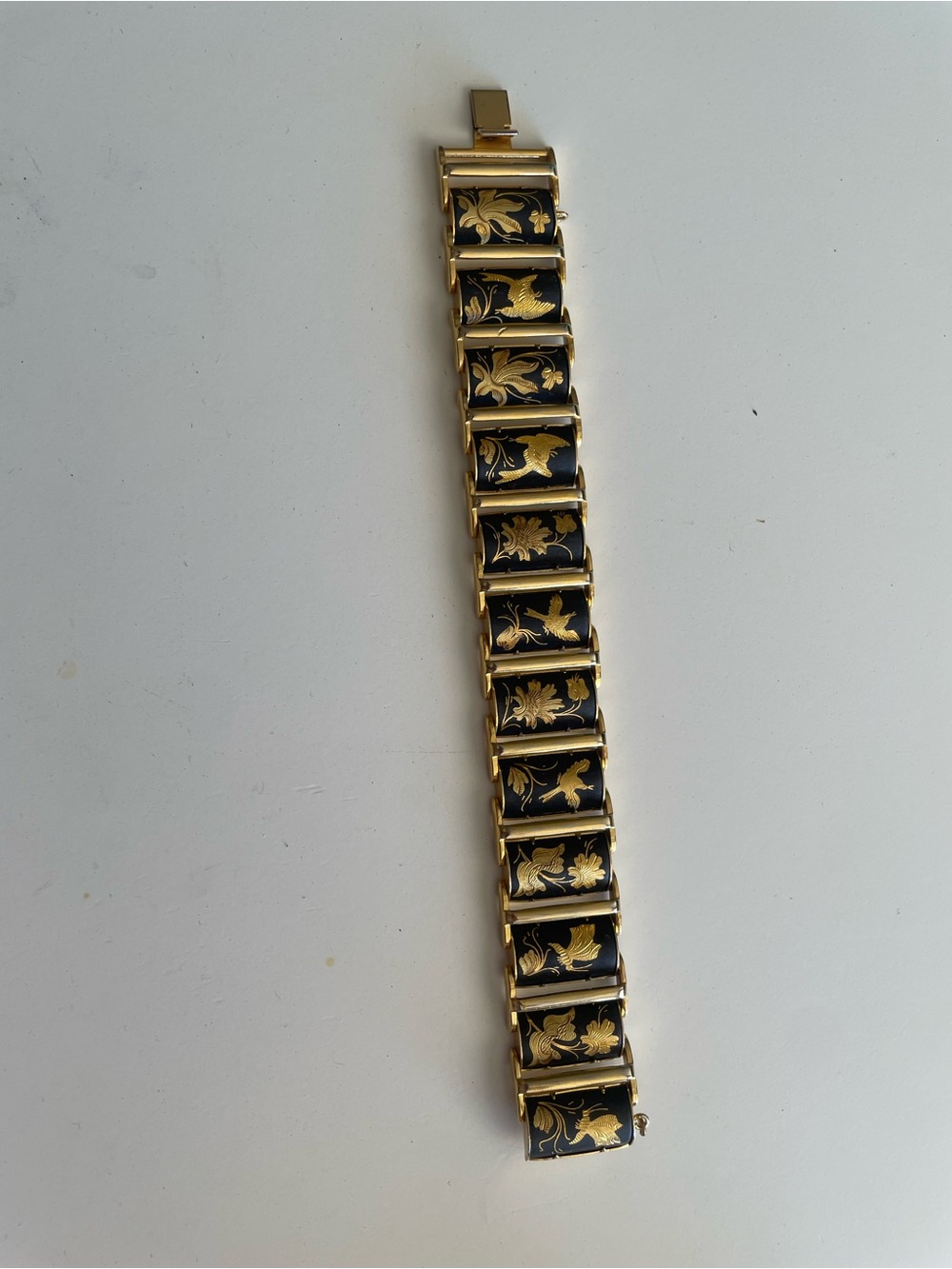 Vintage Damascene Enamel Birds & Flowers Panel Link Bracelet